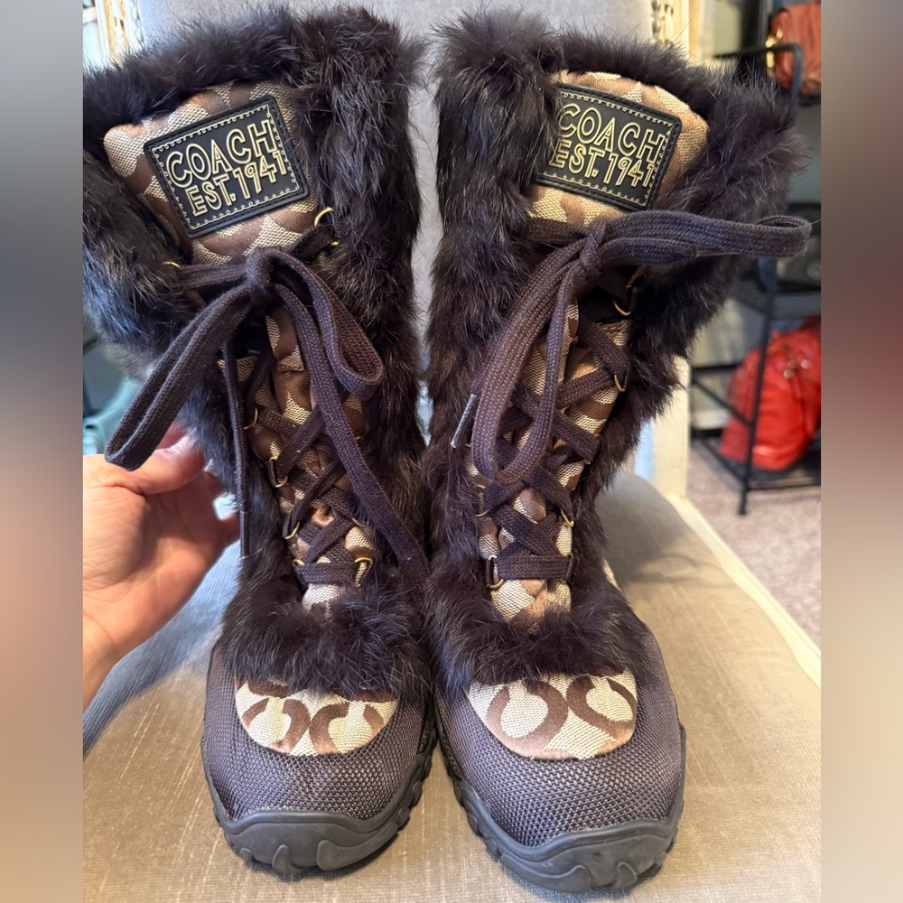 Coach “Jennie” Signature Winter Faux Fur Boots - Brown and Tan - Picture 1 of 9